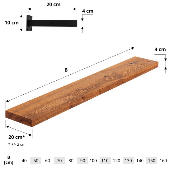 Wandregal aus Holz mit gerader Kante inkl. Wandhalterung HLT-14