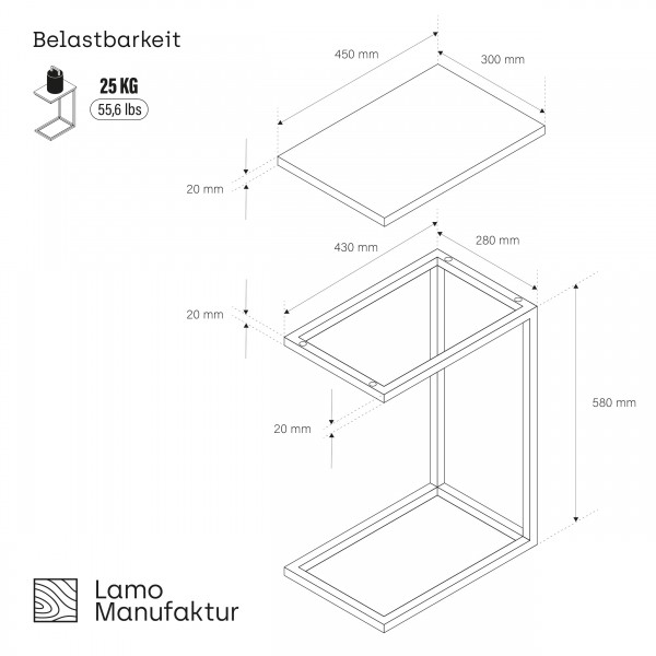 LAMO Manufaktur Beistelltisch | Laptoptisch | Sofatisch | mobiler Kaffeetisch | Nachttisch | 100% Ec