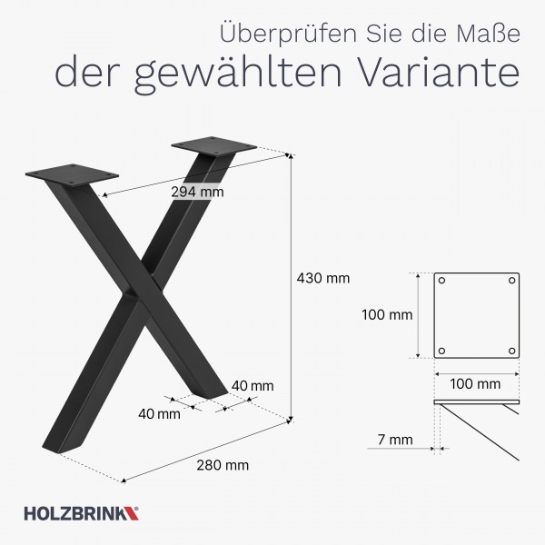 X-Tischbein aus Vierkantprofilen 40x40 mm, Tischkufen X Gestell Industriedesign, 1 Stück, HLT-03-F