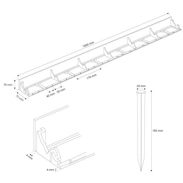 1m Rasenkante PVC Leiste mit Ankern HRK01B-78