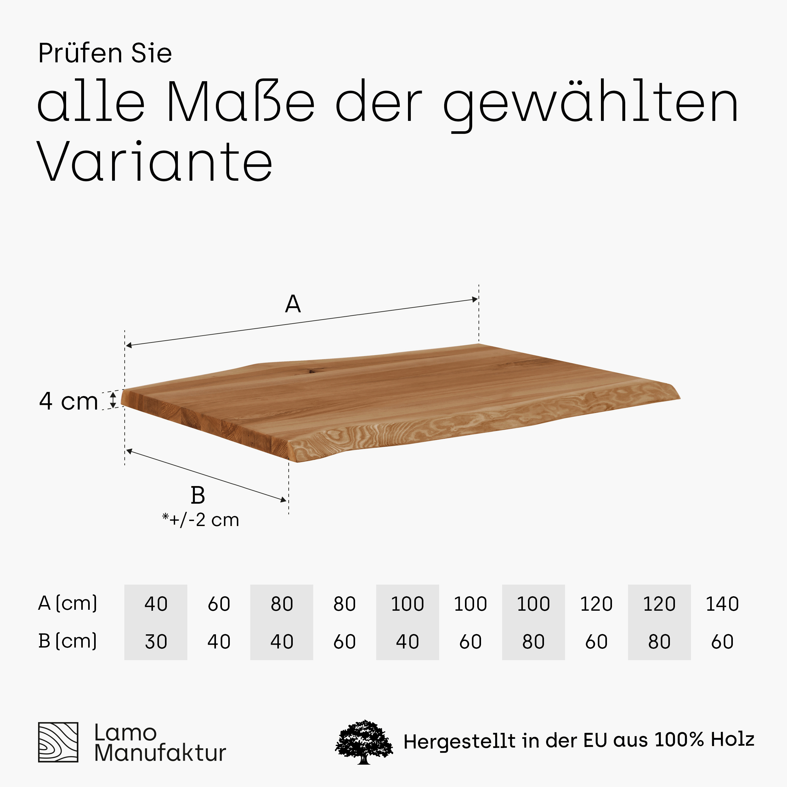 Massivholz Tischplatte Eiche Optik 70x60x2,5cm - Mit Baumkante Für Esstisch & Couchtisch