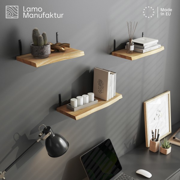 LAMO Manufaktur Set Wandregal Holz | Schweberegal Massiv mit 100% Echtholz | Hängeregal für Wohnzimm
