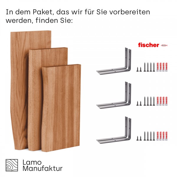 LAMO Manufaktur Set Wandregal Holz | Schweberegal Massiv mit 100% Echtholz | Hängeregal für Wohnzimm