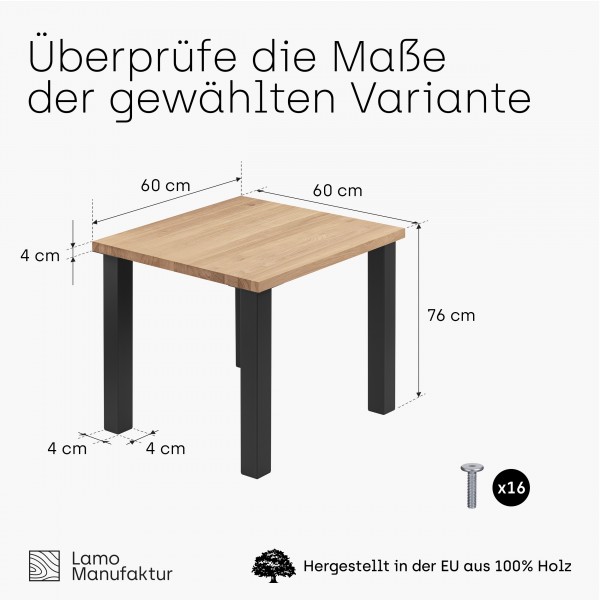 Kompakter Küchentisch mit gerader Tischkante 60x60x76 cm