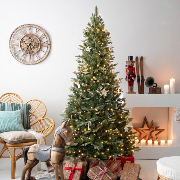 FAIRYTREES Weihnachtsbaum künstlich Nordmanntanne Exklusiv 100% PE | Tannenbaum Holzständer | Made i